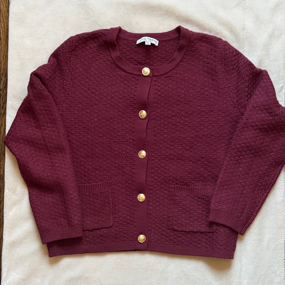 Women's Burgundy Textured Button-Front Sweater